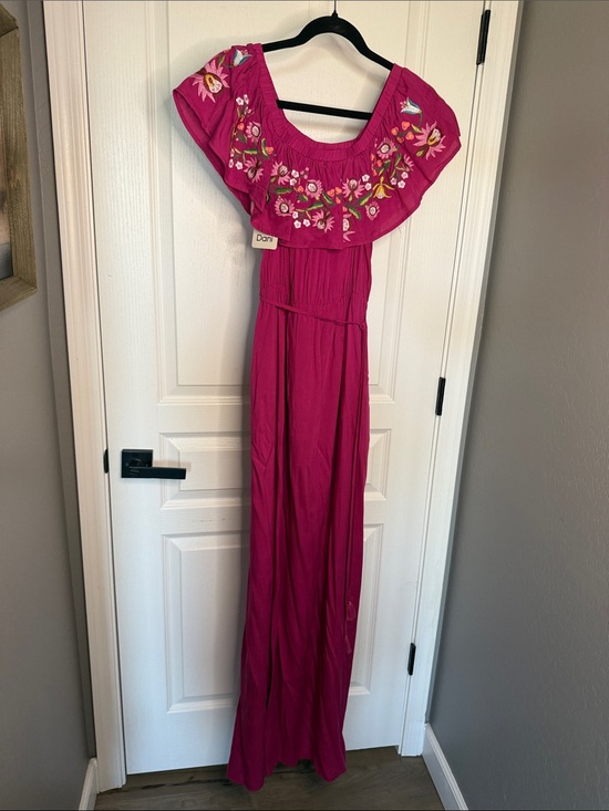 DAVI & DANI Dresses & Skirts - DAVI & DANI Fuchsia Maxi Dress with Multicolor Floral Embroidery